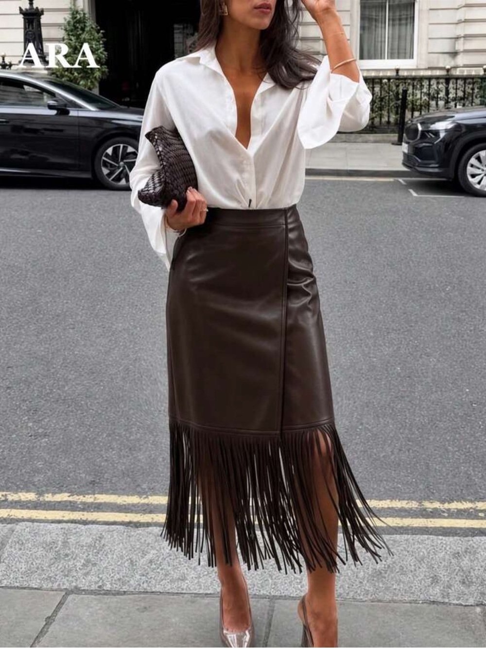 ARA Women's Dark Brown Faux Leather Midi Skirt, High Waist Front Wrap Tassel Hem